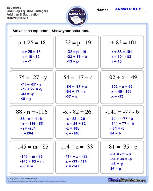 The one step equations worksheets on this page include problems with integers and fractions for a variety of math operations. These basic algebra worksheets are appropriate practice for 6th grade, 7th grade and 8th grade students. Full answer keys are included on the second page of each PDF file.  One Step Equations Integers Addition And Subtraction V4