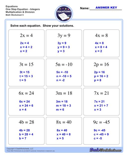 The one step equations worksheets on this page include problems with integers and fractions for a variety of math operations. These basic algebra worksheets are appropriate practice for 6th grade, 7th grade and 8th grade students. Full answer keys are included on the second page of each PDF file.  One Step Equations Integers Multiplication And Division V1