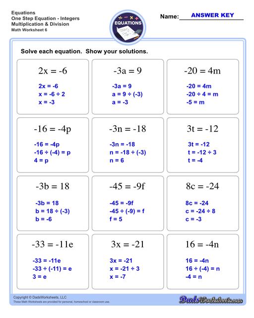 The one step equations worksheets on this page include problems with integers and fractions for a variety of math operations. These basic algebra worksheets are appropriate practice for 6th grade, 7th grade and 8th grade students. Full answer keys are included on the second page of each PDF file.  One Step Equations Integers Multiplication And Division V2