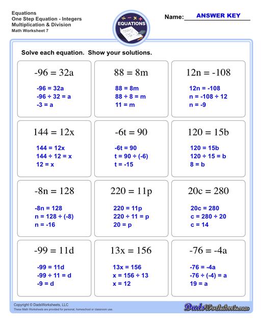The one step equations worksheets on this page include problems with integers and fractions for a variety of math operations. These basic algebra worksheets are appropriate practice for 6th grade, 7th grade and 8th grade students. Full answer keys are included on the second page of each PDF file.  One Step Equations Integers Multiplication And Division V3