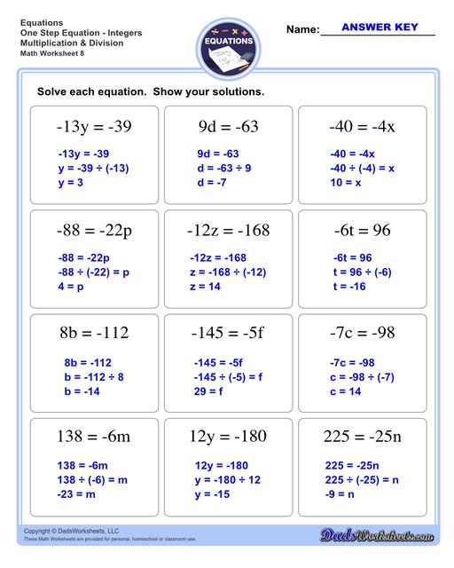 The one step equations worksheets on this page include problems with integers and fractions for a variety of math operations. These basic algebra worksheets are appropriate practice for 6th grade, 7th grade and 8th grade students. Full answer keys are included on the second page of each PDF file.  One Step Equations Integers Multiplication And Division V4