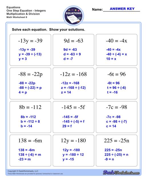 Multiplication And Division One Step Equations Worksheet