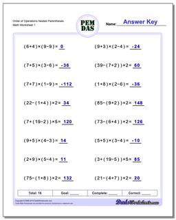 Order of Operations Worksheet Nested Parentheses