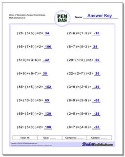 Order of Operations Nested Parentheses Worksheet