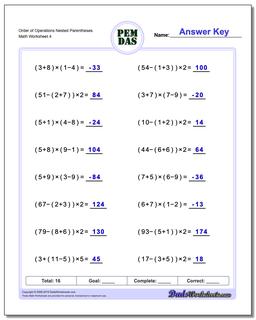 Order of Operations Nested Parentheses Worksheet