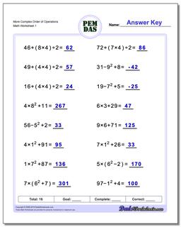 Order of Operations Worksheet More Complex