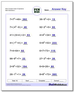 Order of Operations Worksheets