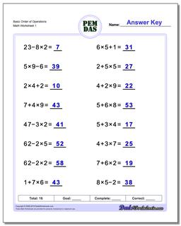 Order of Operations Worksheet Basic