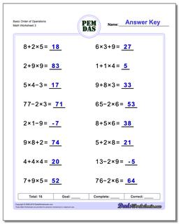 Basic Order of Operations Worksheet