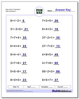 Basic Order of Operations Worksheet