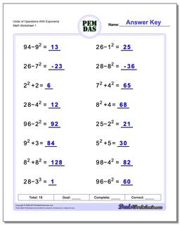Order of Operations Worksheet With Exponents