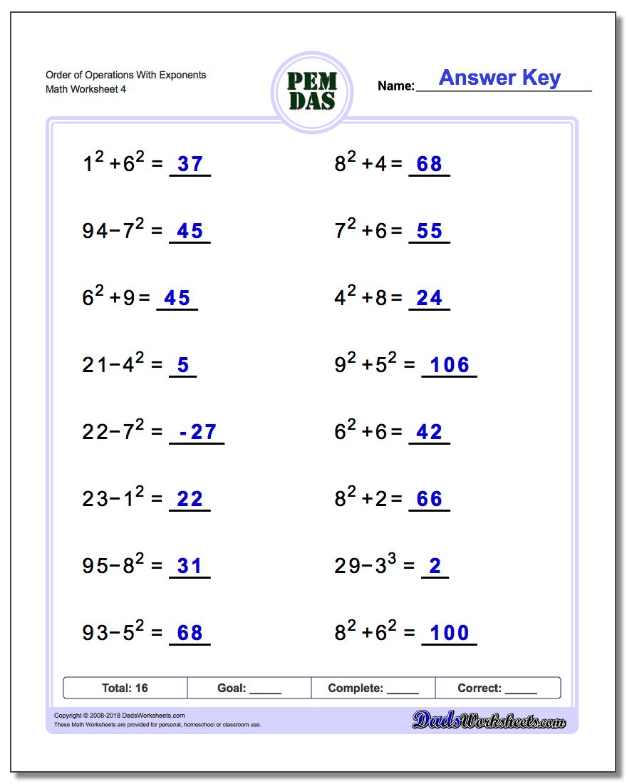 Order of Operations With Exponents Worksheet