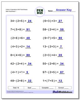Order of Operations Worksheet With Parentheses