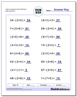 Order of Operations Worksheet With Parentheses