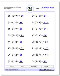 Order of Operations With Parentheses Worksheet