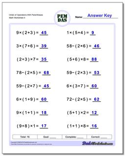 Order of Operations With Parentheses Worksheet
