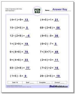 Order of Operations Worksheet