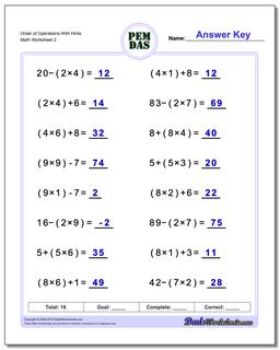 Order of Operations With Hints /worksheets/order-of-operations.html Worksheet