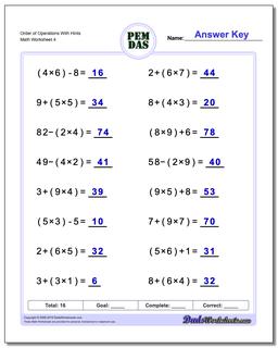 Order of Operations With Hints Worksheet