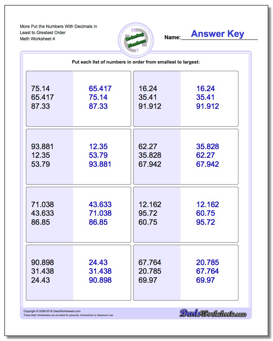 More Put the Numbers With Decimals in Least to Greatest Order Worksheet