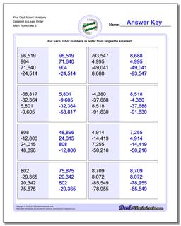 Five Digit Mixed Numbers Greatest to Least Order Worksheet