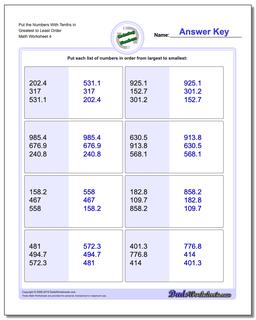 Put the Numbers With Tenths in Greatest to Least Order Worksheet