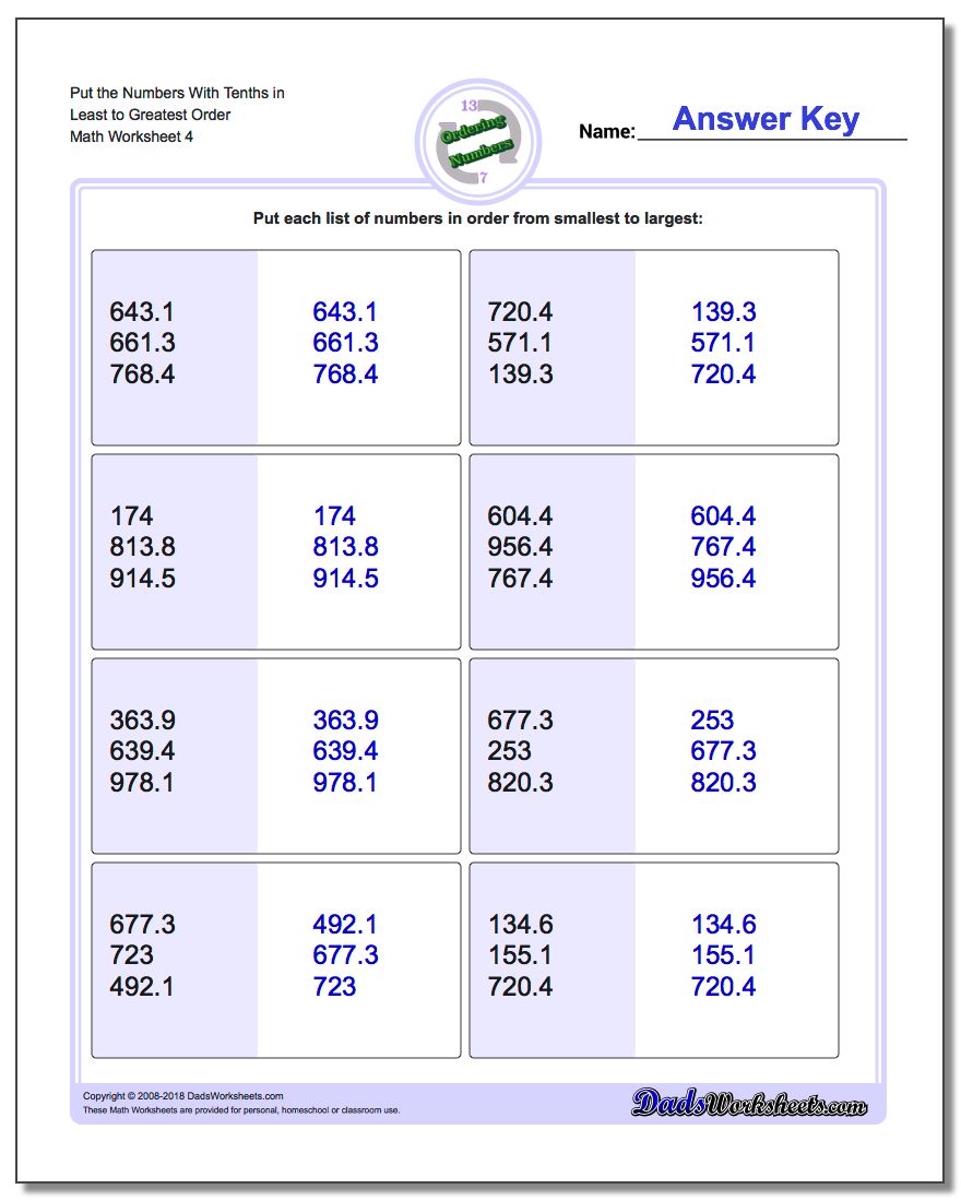 Put the Numbers With Tenths in Least to Greatest Order Worksheet