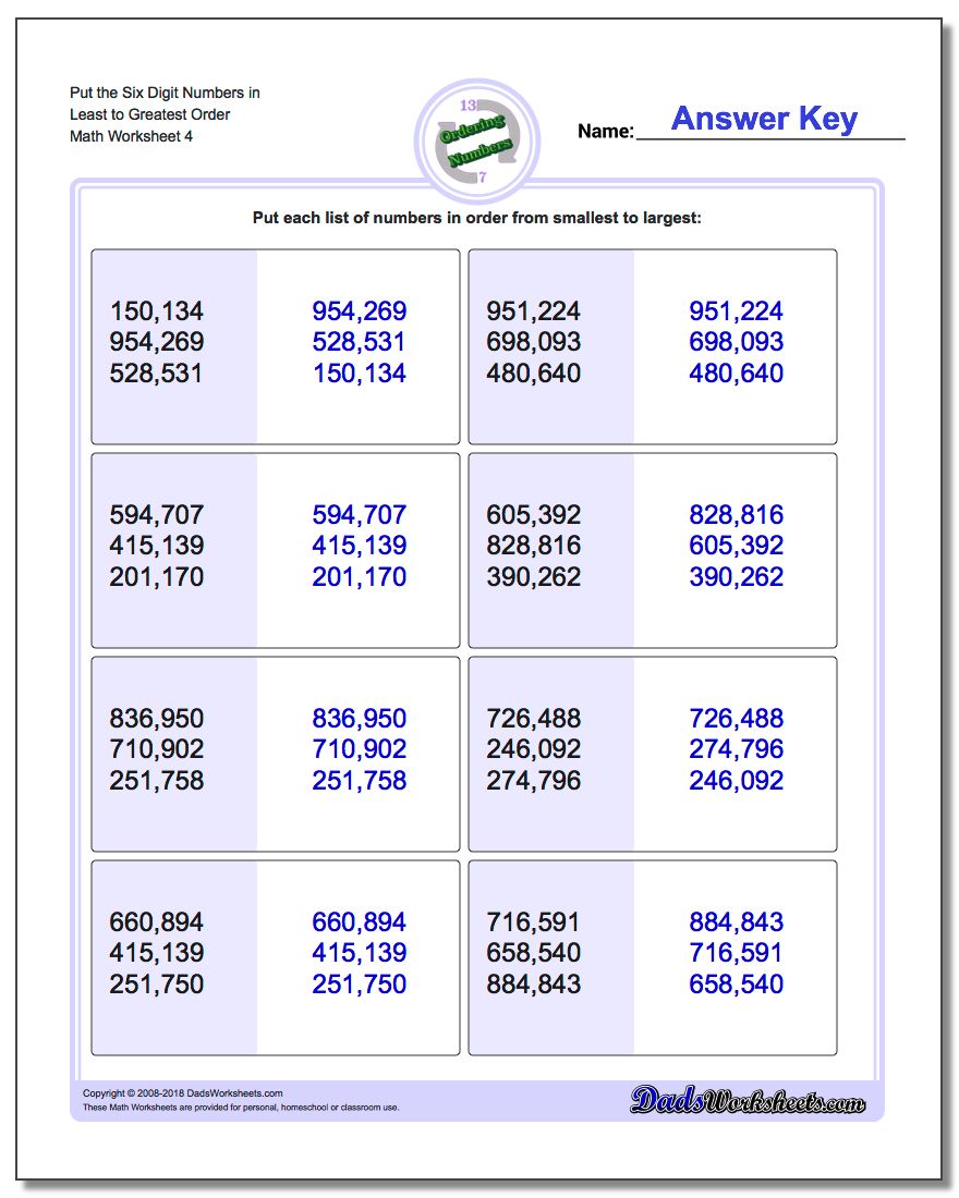 Put the Six Digit Numbers in Least to Greatest Order Worksheet