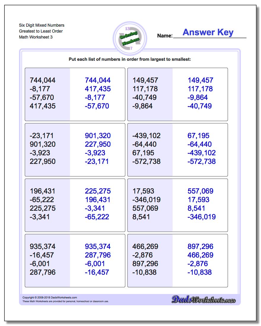 Six Digit Mixed Numbers Greatest to Least Order Worksheet