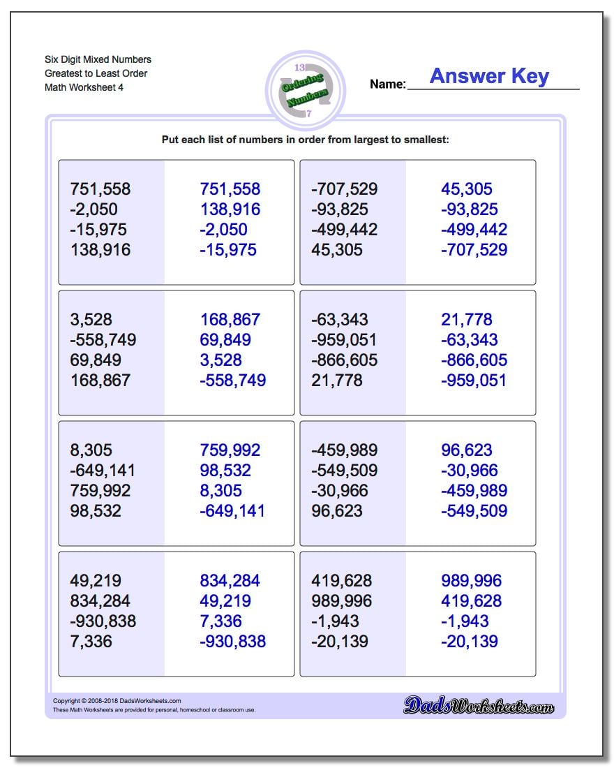 Six Digit Mixed Numbers Greatest to Least Order Worksheet
