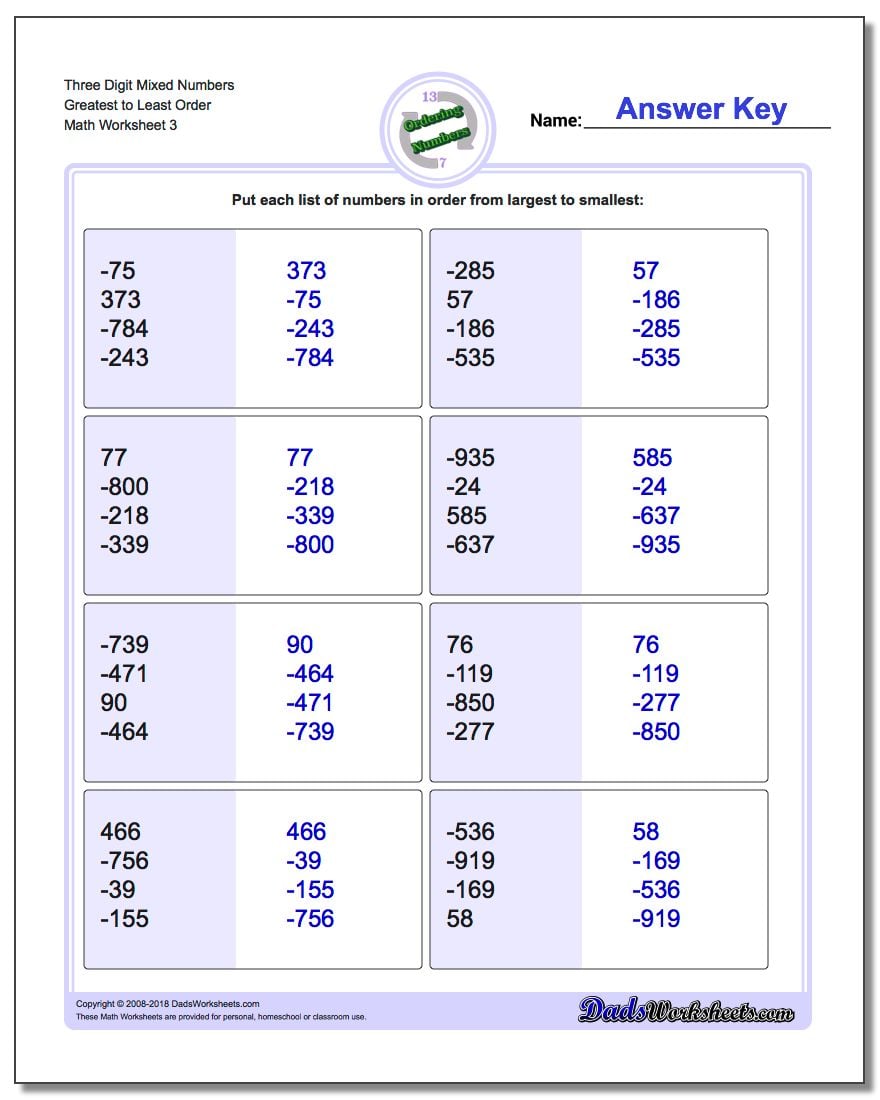 Three Digit Mixed Numbers Greatest to Least Order Worksheet