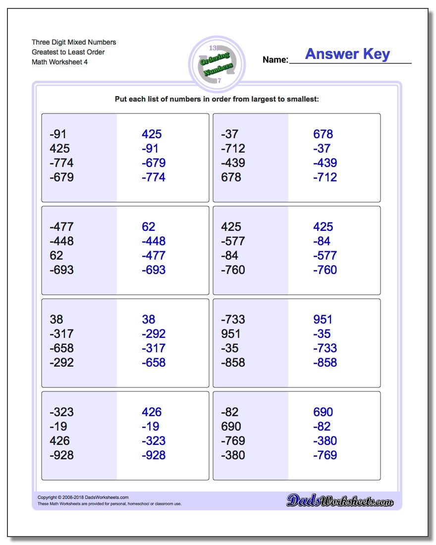 Three Digit Mixed Numbers Greatest to Least Order Worksheet