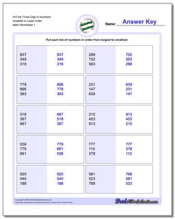 Ordering Numbers Worksheet Put the Three Digit in Greatest to Least Order