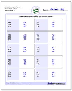 Put the Three Digit in Numbers Greatest to Least Order Worksheet