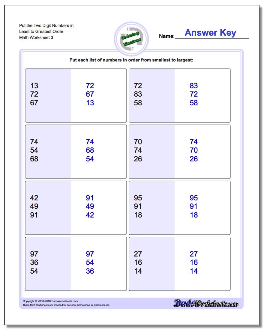 Put the Two Digit Numbers in Least to Greatest Order Worksheet