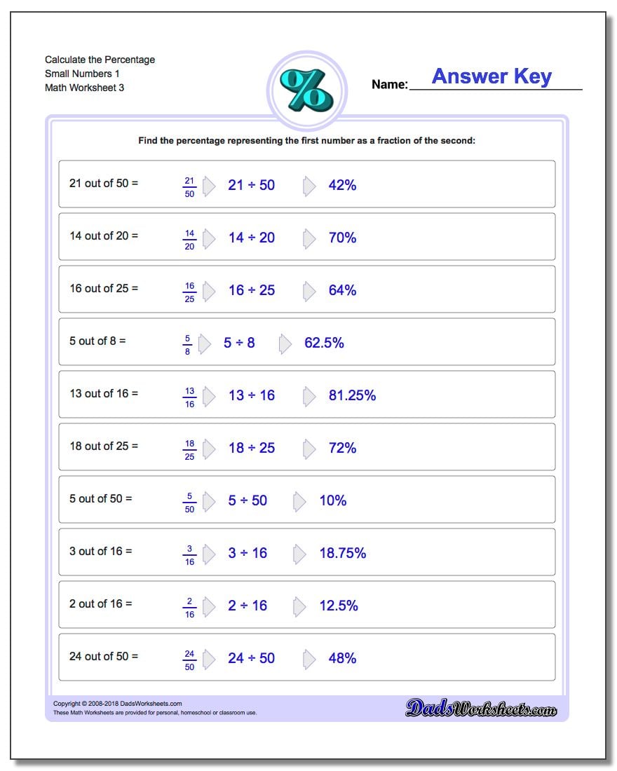 Calculate the Percentage Small Numbers 1 Worksheet