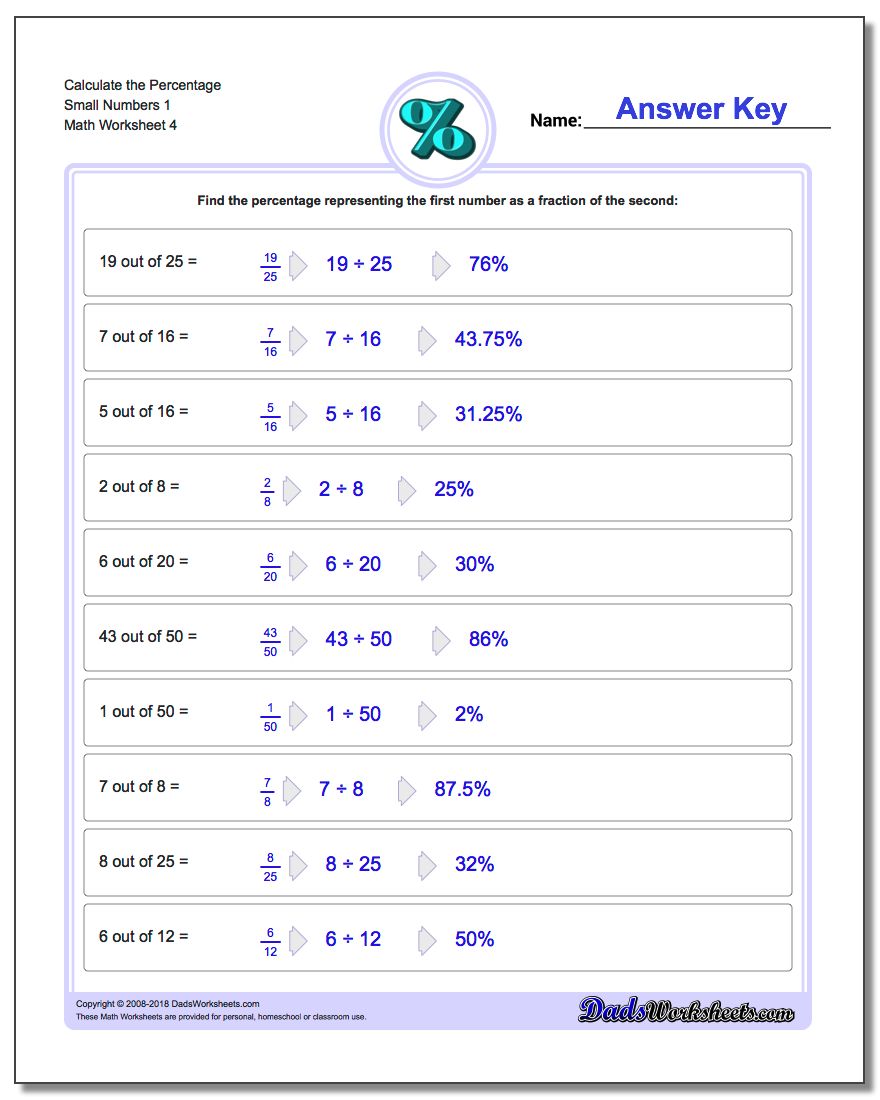 Calculate the Percentage Small Numbers 1 Worksheet