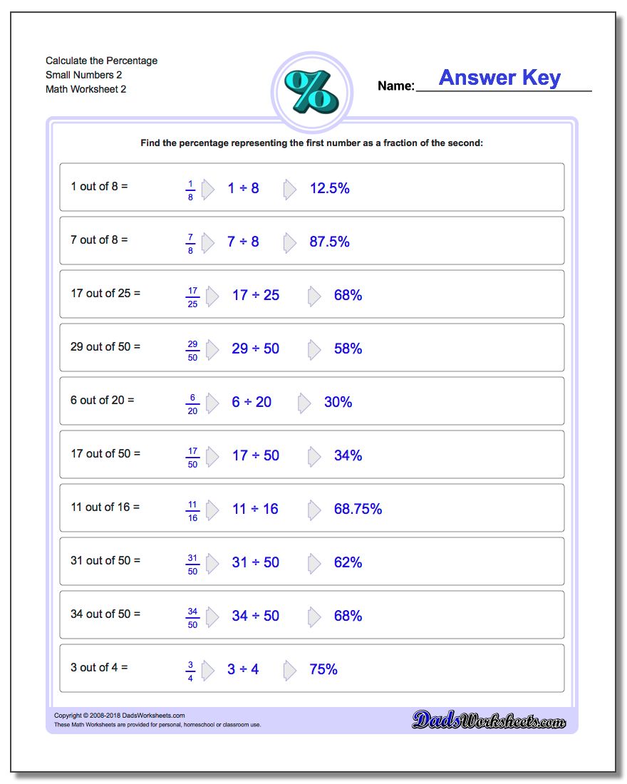Calculate the Percentage Small Numbers 2 www.dadsworksheets.com/worksheets/percentages.html Worksheet