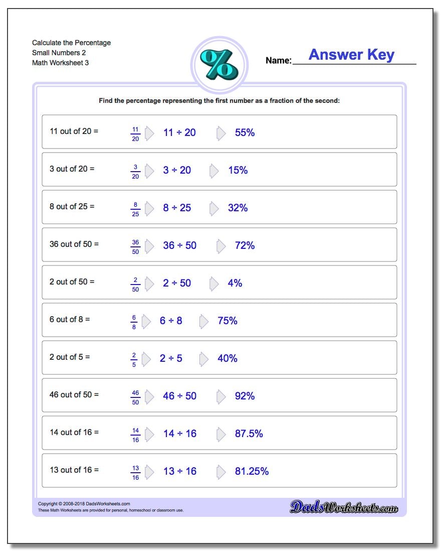 Calculate the Percentage Small Numbers 2 Worksheet