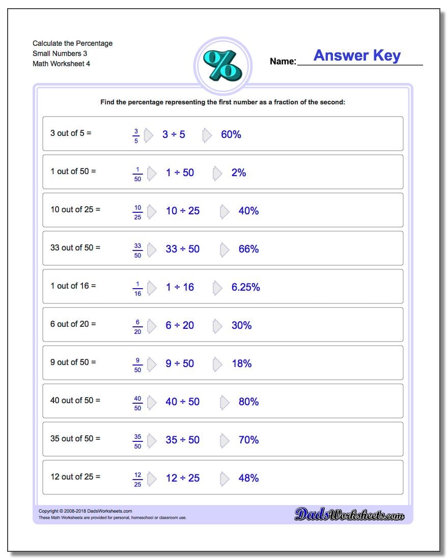 Calculate the Percentage Small Numbers 3 Worksheet