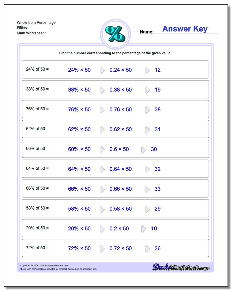 Whole from Percentage Fifties Percentages Worksheet