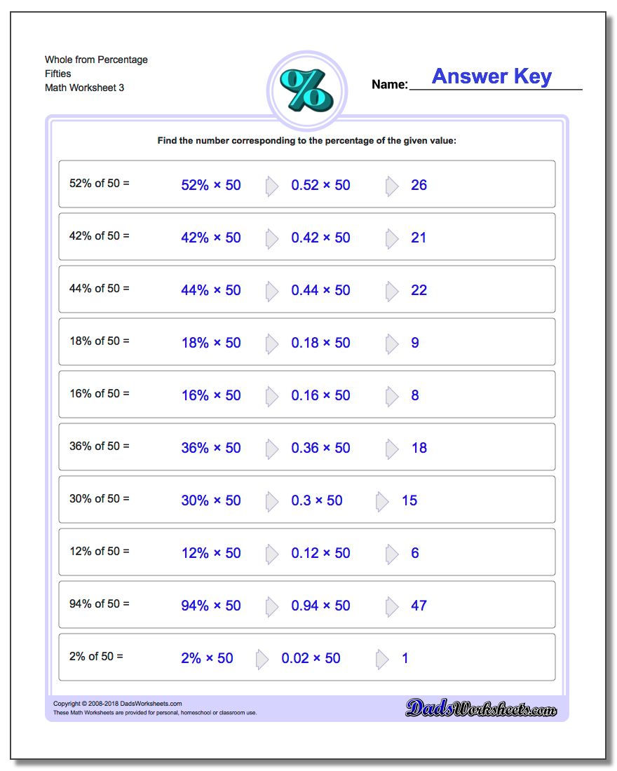 Whole from Percentage Fifties Worksheet