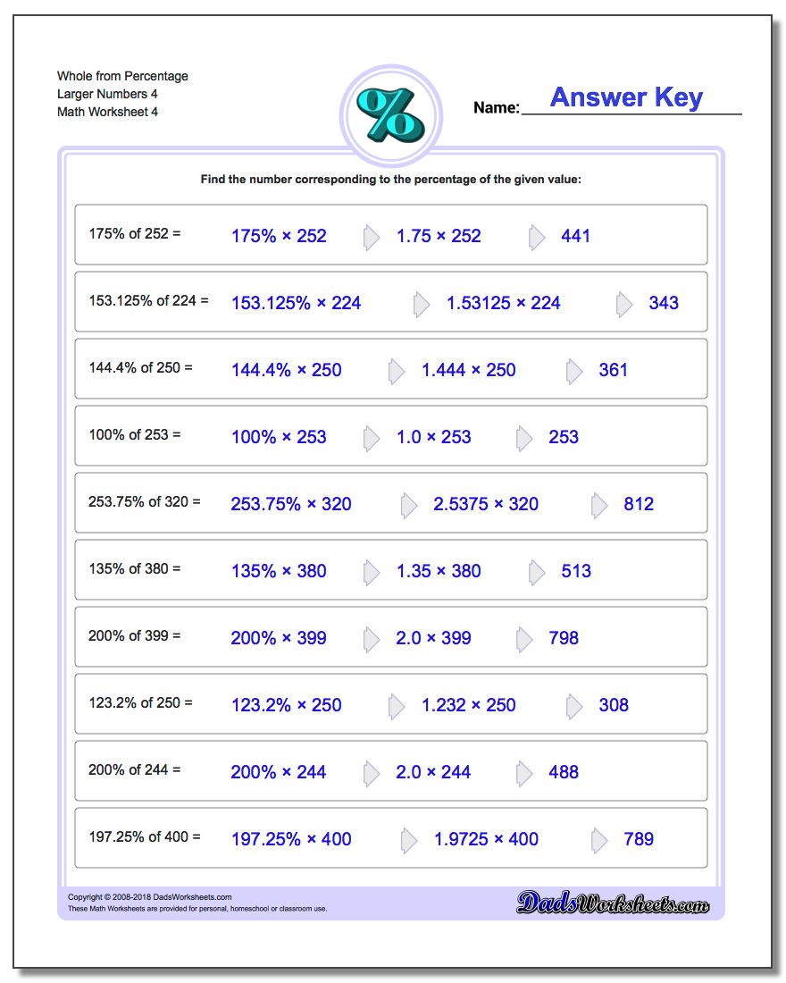 Whole from Percentage Larger Numbers 4 Worksheet