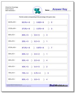 Whole from Percentage Small Fraction Worksheets