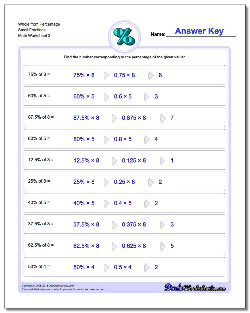 Whole from Percentage Small Fraction Worksheets