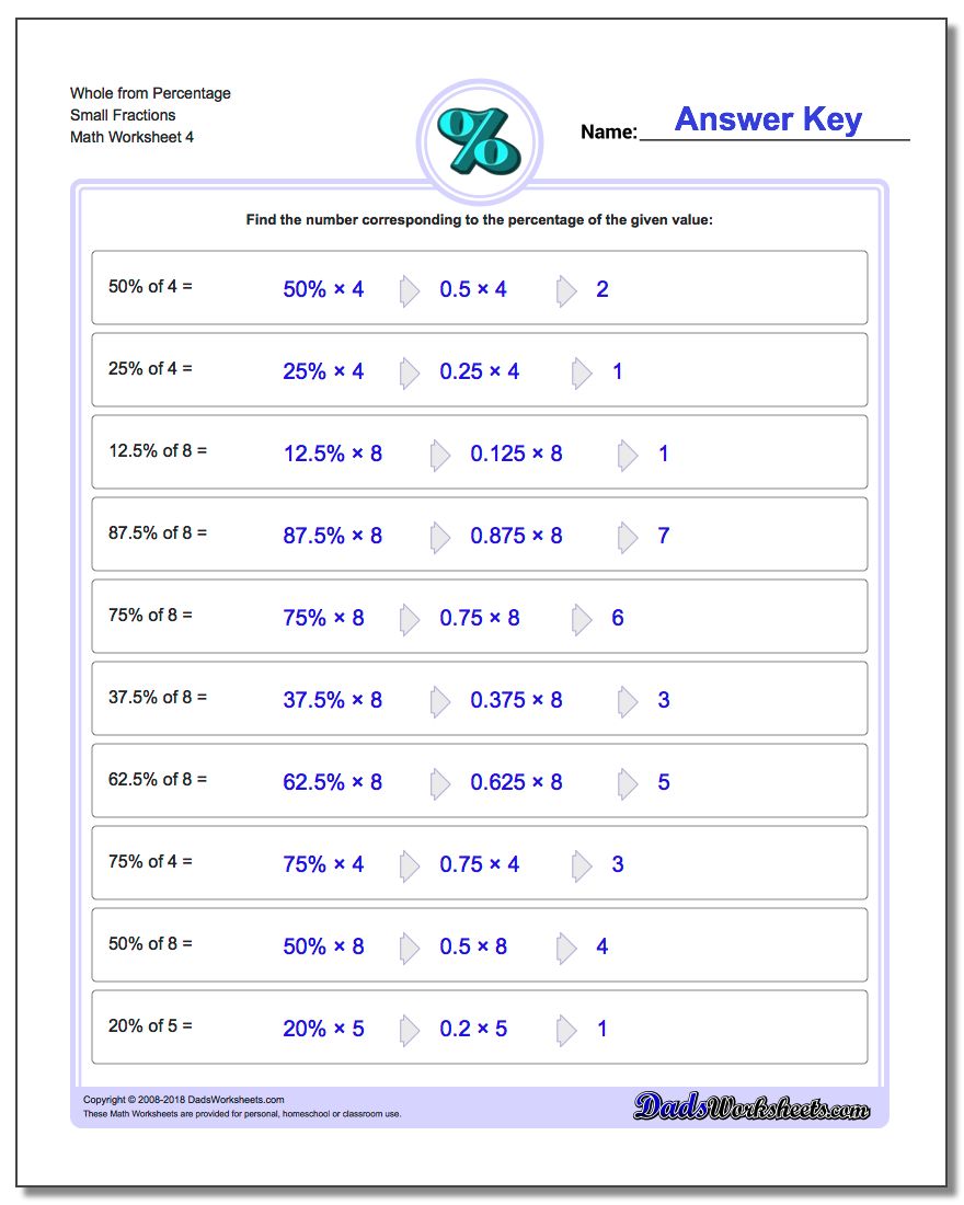 Whole from Percentage Small Fraction Worksheets
