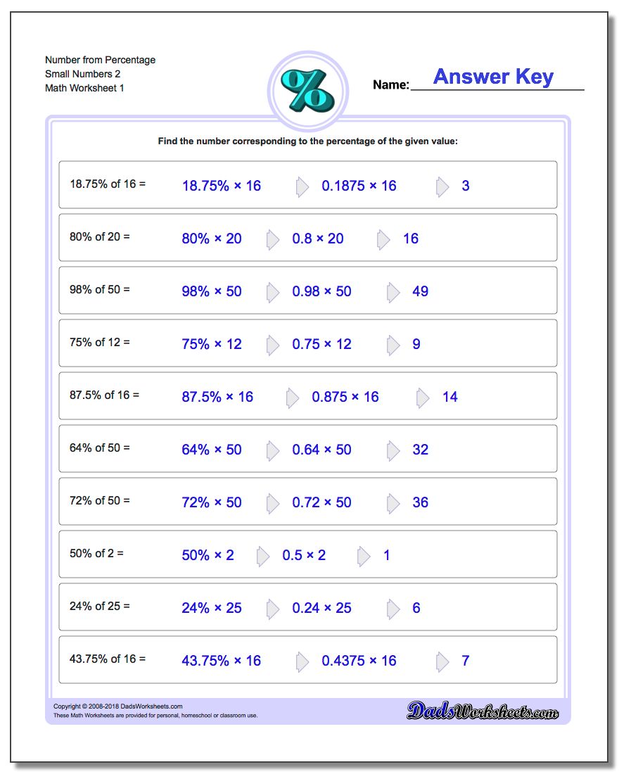 Number from Percentage Small Numbers 2 Percentages Worksheet