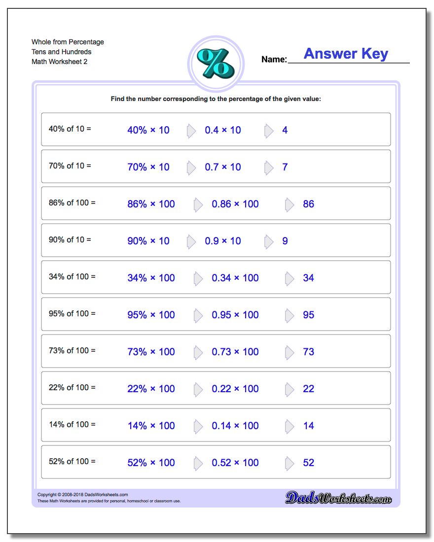 Whole from Percentage Tens and Hundreds www.dadsworksheets.com/worksheets/percentages.html Worksheet