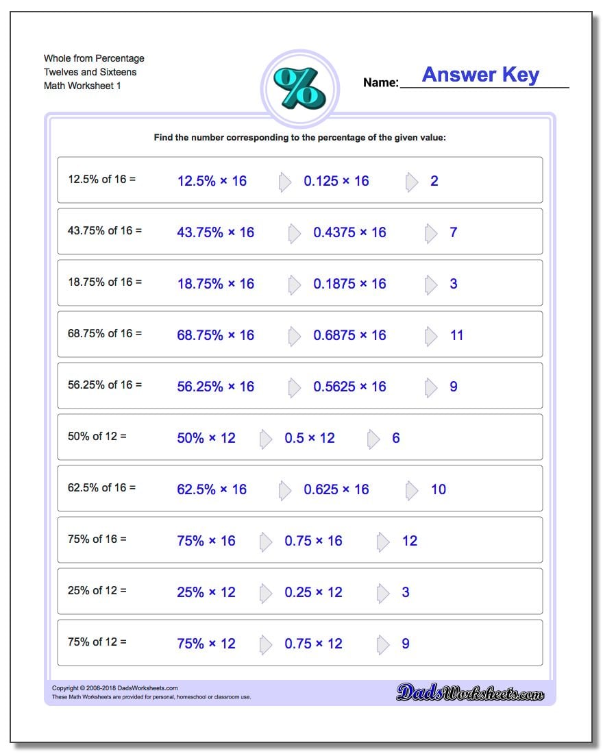 Whole from Percentage Twelves and Sixteens Percentages Worksheet