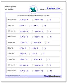 Whole from Percentage Twelves and Sixteens /worksheets/percentages.html Worksheet